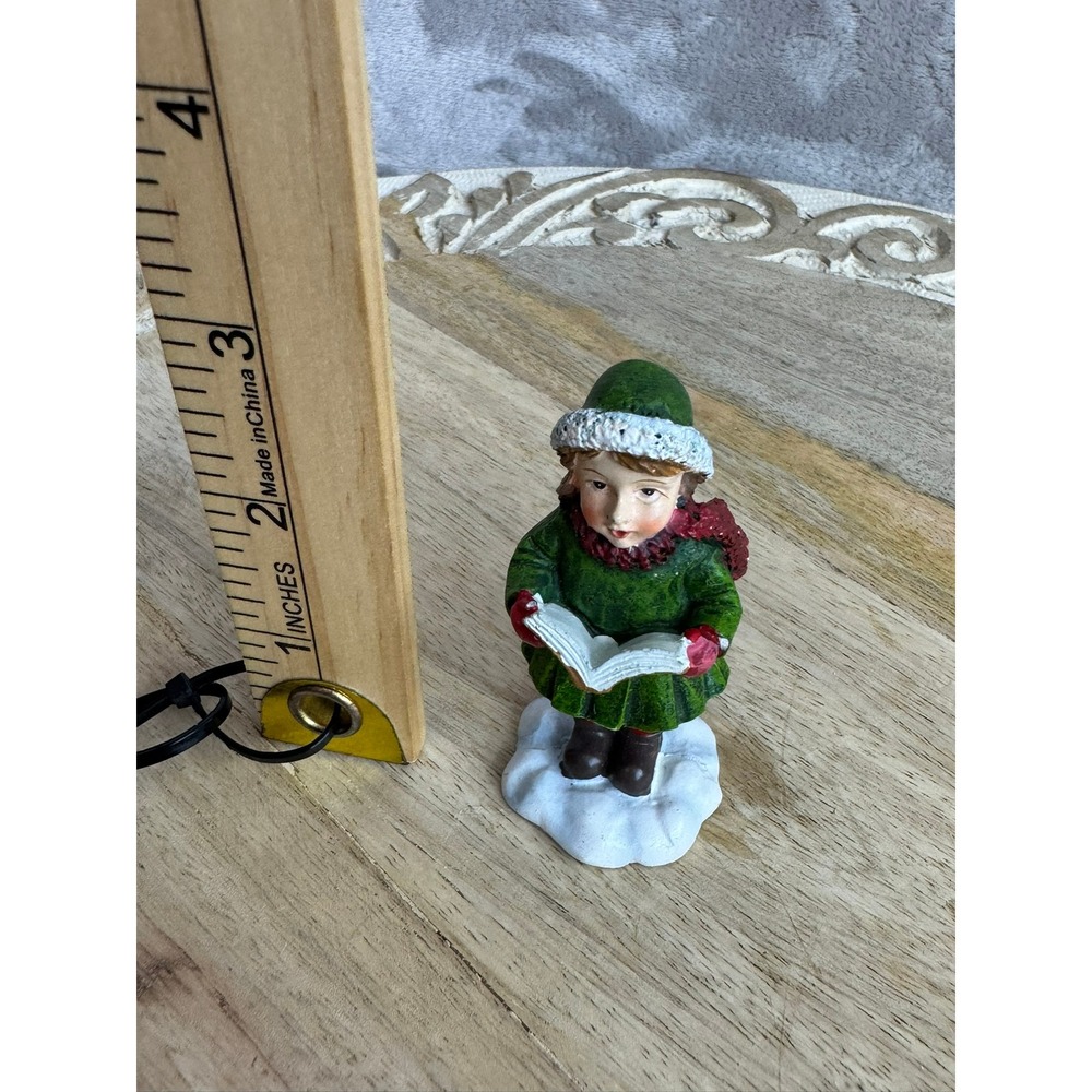 Vintage Style Christmas Caroler Girl Figurine Green Coat Red Scarf 2.75 Inch